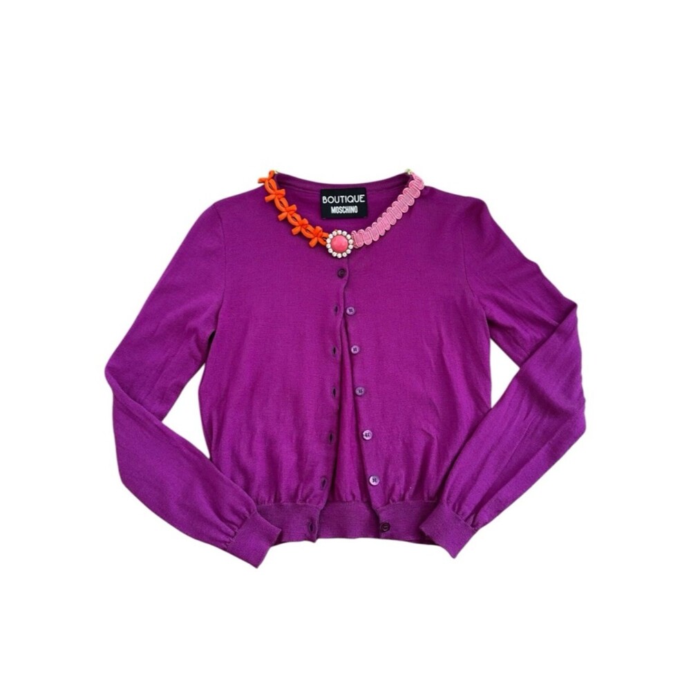 Boutique Moschino Embellished Brooch Wool Cropped Cardigan Size 8 M Purple